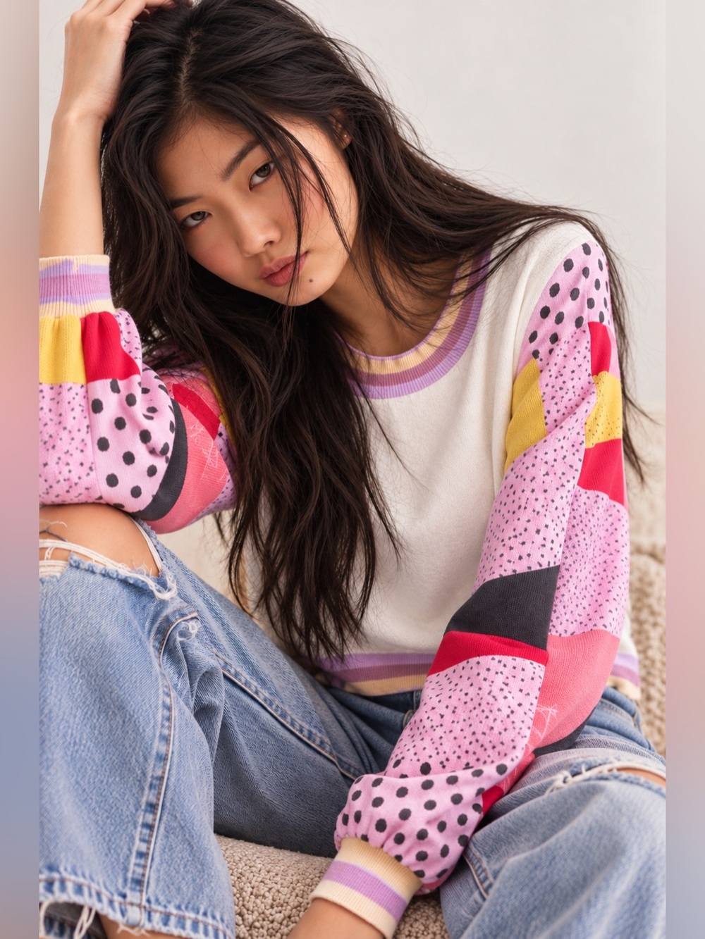 Fate Cream Crewneck Sweater with Pink, Yellow & Purple Patchwork Sleeves